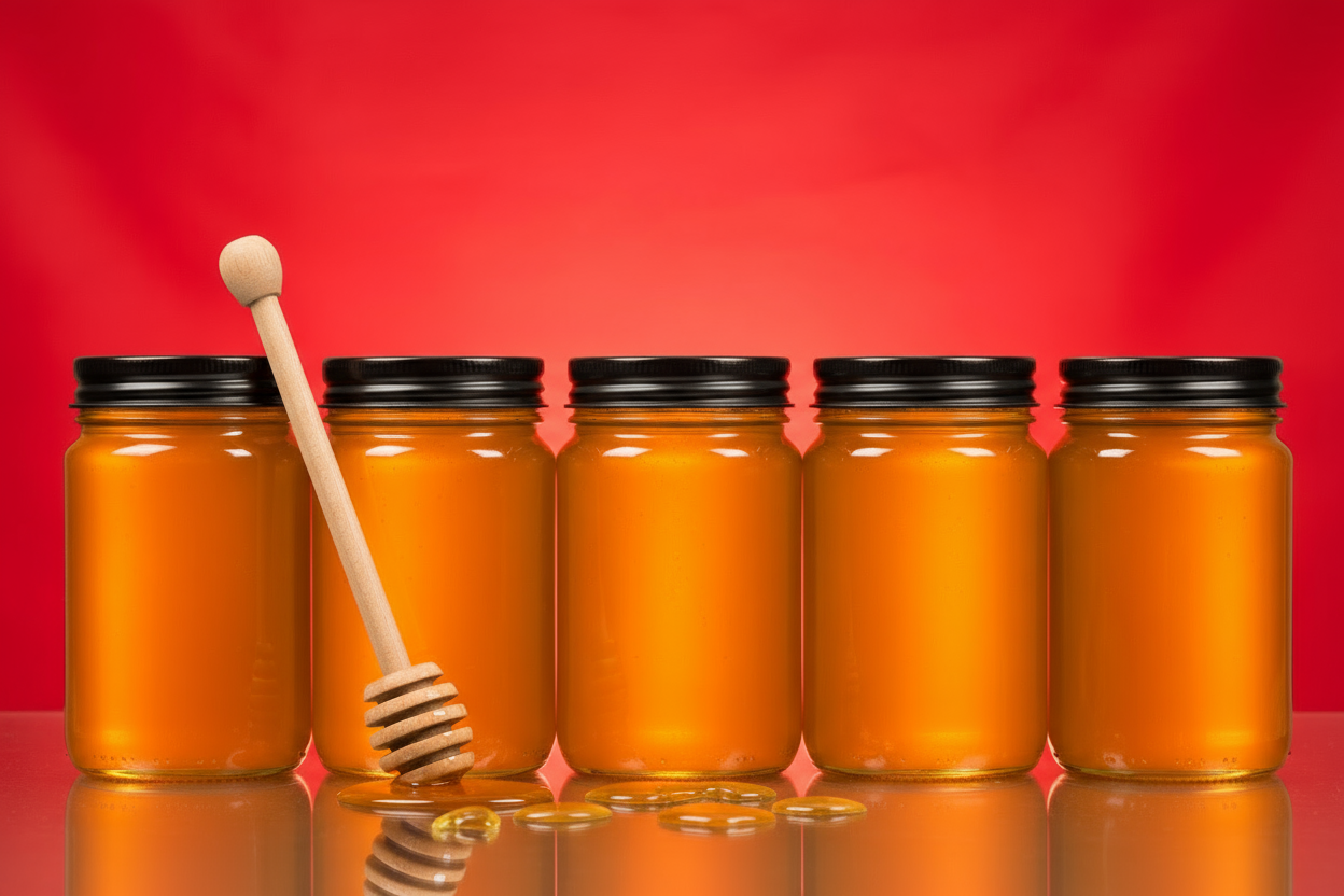 make me a red background with my jar of honey lined up 